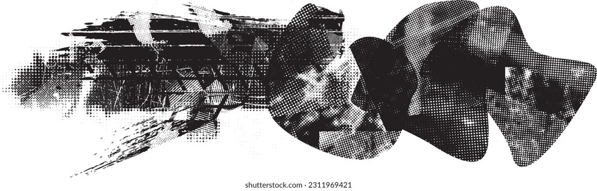 Glitch distorted grungy abstract forms . Blob shape organic. Template for presentation, banner . Fluid isolated shape .Grunge textured . Liquid vector shapes with halftone dots .Screen print texture