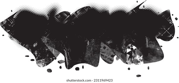 Glitch distorted grungy abstract forms . Blob shape organic. Template for presentation, banner . Fluid isolated shape .Grunge textured . Liquid vector shapes with halftone dots .Screen print texture