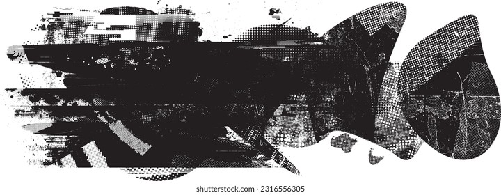 Formas abstractas de grisco distorsionadas. El blob forma orgánico. Plantilla para presentación, banner . Forma fluida aislada .Grunge texturado. Formas vectoriales líquidas con puntos de semitono .Textura de impresión de pantalla
