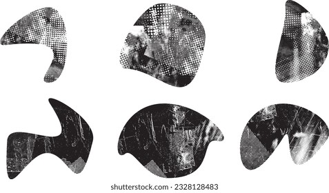 Glitch distorted grungy abstract forms . Blob shape organic. Template for presentation, banner . Fluid isolated shape .Grunge textured . Liquid vector shapes with  halftone dots .Screen print texture