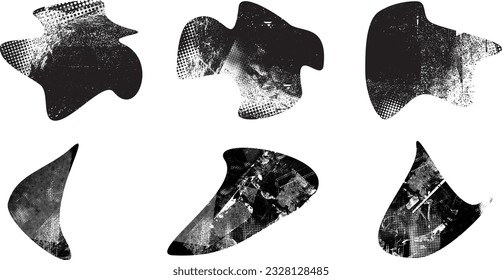 Formas abstractas de grisco distorsionadas. El blob forma orgánico. Plantilla para presentación, banner . Forma fluida aislada .Grunge texturado. Formas vectoriales líquidas con puntos de semitono .Textura de impresión de pantalla