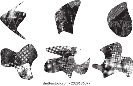 Des formes abstraites grunge déformées. La forme de la goutte est organique. Modèle de présentation, bannière . Fluide en forme isolée .Grunge texturé . Formes vectorielles liquides avec points demi-teintes .Texture d'impression à l'écran