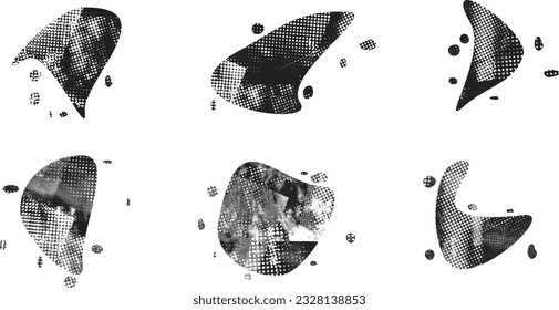 Glitch distorted grungy abstract forms . Blob shape organic. Template for presentation, banner . Fluid isolated shape .Grunge textured . Liquid vector shapes with  halftone dots .Screen print texture