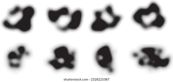 Glitch distorted grungy abstract forms . Blob shape organic. Template for presentation, banner . Fluid isolated shape .Grunge textured . Liquid vector shapes with  halftone dots .Screen print texture