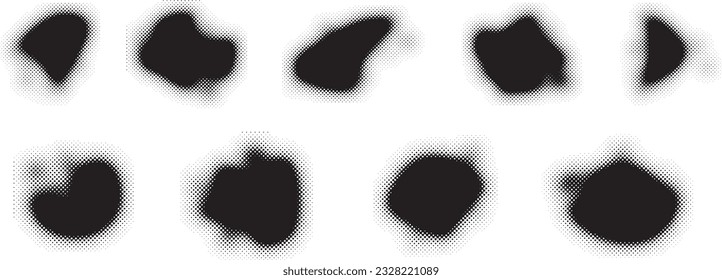Glitch distorted grungy abstract forms . Blob shape organic. Template for presentation, banner . Fluid isolated shape .Grunge textured . Liquid vector shapes with  halftone dots .Screen print texture