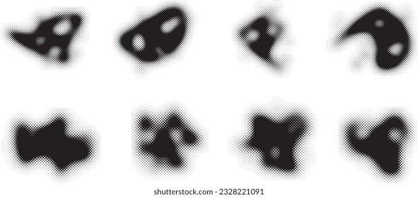 Glitch distorted grungy abstract forms . Blob shape organic. Template for presentation, banner . Fluid isolated shape .Grunge textured . Liquid vector shapes with  halftone dots .Screen print texture