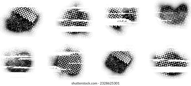 Glitch distorted grungy abstract forms . Blob shape organic. Template for presentation, banner . Fluid isolated shape .Grunge textured . Liquid vector shapes with halftone dots .Screen print texture