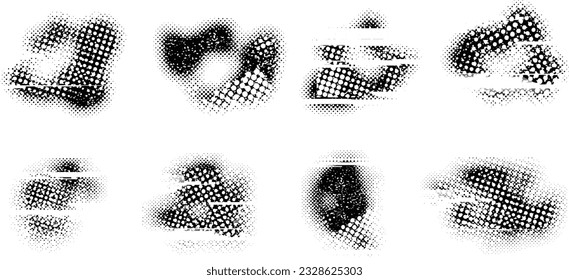 Formas abstractas de grisco distorsionadas. El blob forma orgánico. Plantilla para presentación, banner . Forma fluida aislada .Grunge texturado. Formas vectoriales líquidas con puntos de semitono .Textura de impresión de pantalla