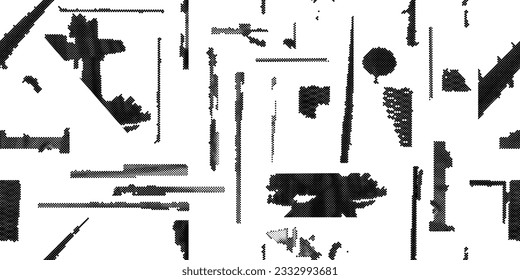 Formas abstractas de grisco distorsionadas. Los puntos de semitono tienen una textura de patrón sin fisuras. Formas negras. Grunge texturado. Formas vectoriales con puntos de medio tono .Imprimir pantalla textura de patrón interminable