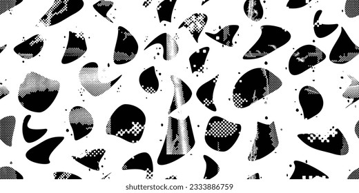 Glitch distorted grungy abstract forms . Blob shape organic seamless pattern texture. Fluid shapes .Grunge textured . Liquid vector shapes with halftone dots .Screen print endless pattern texture