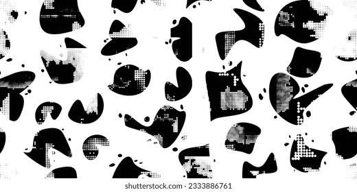 Formas abstractas de grisco distorsionadas. El blob da forma a la textura orgánica de patrón sin costura. Formas fluidas .Grunge texturado. Formas vectoriales líquidas con puntos de semitono .Textura de patrón interminable de impresión de pantalla