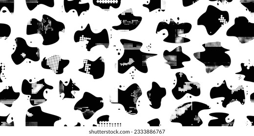 Formas abstractas de grisco distorsionadas. El blob da forma a la textura orgánica de patrón sin costura. Formas fluidas .Grunge texturado. Formas vectoriales líquidas con puntos de semitono .Textura de patrón interminable de impresión de pantalla
