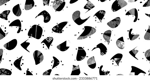 Formas abstractas de grisco distorsionadas. El blob da forma a la textura orgánica de patrón sin costura. Formas fluidas .Grunge texturado. Formas vectoriales líquidas con puntos de semitono .Textura de patrón interminable de impresión de pantalla