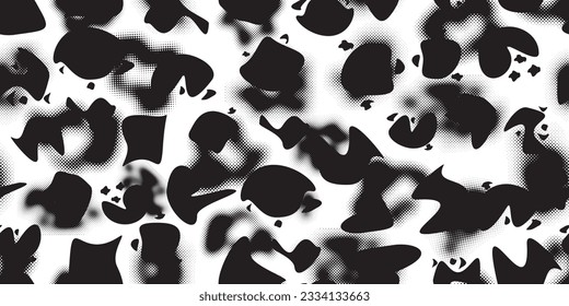 Glitch distorted grungy abstract forms . Blob shape organic seamless pattern texture. Fluid shapes .Grunge textured . Liquid vector shapes with halftone dots .Screen print endless pattern texture