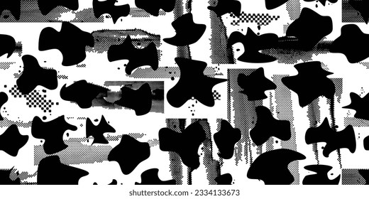 Formas abstractas de grisco distorsionadas. El blob da forma a la textura orgánica de patrón sin costura. Formas fluidas .Grunge texturado. Formas vectoriales líquidas con puntos de semitono .Textura de patrón interminable de impresión de pantalla