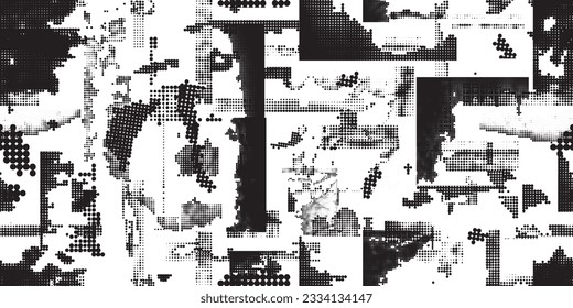 Glitch distorted grungy abstract forms . Halftone dots seamless pattern texture. Grange shapes .Grunge textured . Vector shapes with half tone dots .Screen print endless pattern texture