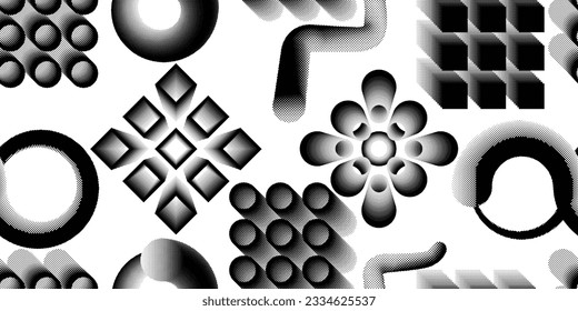 Glitch distorted grungy abstract forms . Halftone dots seamless pattern texture. Grange shapes .Grunge textured . Vector shapes with half tone dots .Screen print endless pattern texture