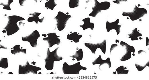 Glitch distorted grungy abstract forms . Blob shape organic seamless pattern texture. Fluid shapes .Grunge textured . Liquid vector shapes with halftone dots .Screen print endless pattern texture