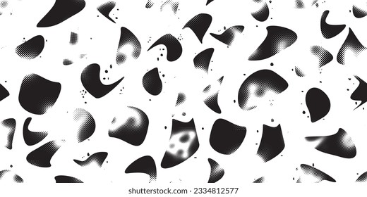 Glitch distorted grungy abstract forms . Blob shape organic seamless pattern texture. Fluid shapes .Grunge textured . Liquid vector shapes with halftone dots .Screen print endless pattern texture