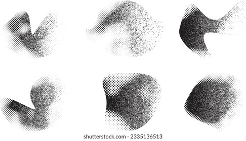 Glitch distorted grungy abstract forms . Blob shape organic. Template for presentation, banner . Fluid isolated shape .Grunge textured . Liquid vector shapes with  halftone dots .Screen print texture