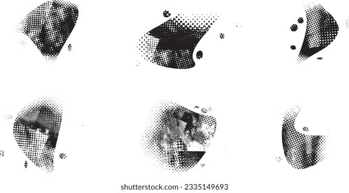 Glitch distorted grungy abstract forms . Blob shape organic. Template for presentation, banner . Fluid isolated shape .Grunge textured . Liquid vector shapes with  halftone dots .Screen print texture