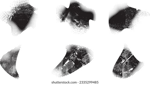 Glitch distorted grungy abstract forms . Blob shape organic. Template for presentation, banner . Fluid isolated shape .Grunge textured . Liquid vector shapes with  halftone dots .Screen print texture