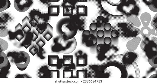 Formas abstractas de grisco distorsionadas. Los puntos de semitono tienen una textura de patrón sin fisuras. Formas negras. Grunge texturado. Formas vectoriales con puntos de medio tono .Imprimir pantalla textura de patrón interminable