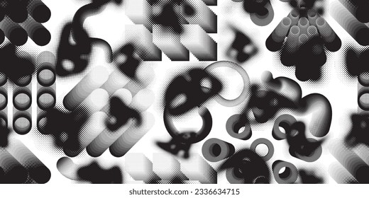 Formas abstractas de grisco distorsionadas. Los puntos de semitono tienen una textura de patrón sin fisuras. Formas negras. Grunge texturado. Formas vectoriales con puntos de medio tono .Imprimir pantalla textura de patrón interminable