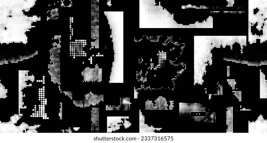 Glitch distorted grungy abstract forms . Blob shape organic seamless pattern texture. Fluid shapes .Grunge textured . Liquid vector shapes with halftone dots .Screen print endless pattern texture