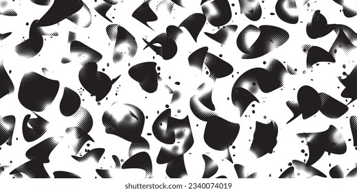 Formas abstractas de grisco distorsionadas. El blob da forma a la textura orgánica de patrón sin costura. Formas fluidas .Grunge texturado. Formas vectoriales líquidas con puntos de semitono .Textura de patrón interminable de impresión de pantalla