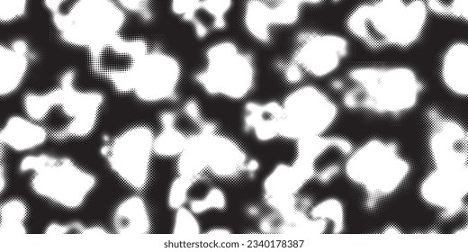 Glitch distorted grungy abstract forms . Blob shape organic seamless pattern texture. Fluid shapes .Grunge textured . Liquid vector shapes with halftone dots .Screen print endless pattern texture
