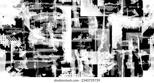 Glitch distorted grungy abstract forms . Halftone dots seamless pattern texture. Grange shapes .Grunge textured . Vector shapes with half tone dots .Screen print endless pattern texture