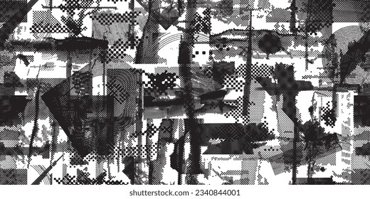 Glitch distorted grungy abstract forms . Halftone dots seamless pattern texture. Grange shapes .Grunge textured . Vector shapes with half tone dots .Screen print endless pattern texture
