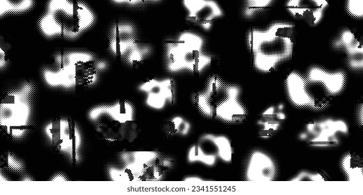 Glitch distorted grungy abstract forms . Blob shape organic seamless pattern texture. Fluid shapes .Grunge textured . Liquid vector shapes with halftone dots .Screen print endless pattern texture