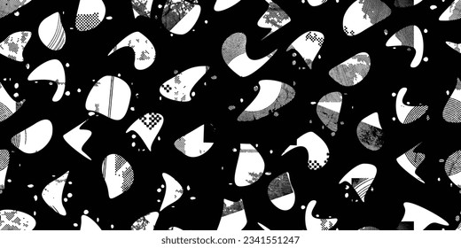 Formas abstractas de grisco distorsionadas. El blob da forma a la textura orgánica de patrón sin costura. Formas fluidas .Grunge texturado. Formas vectoriales líquidas con puntos de semitono .Textura de patrón interminable de impresión de pantalla