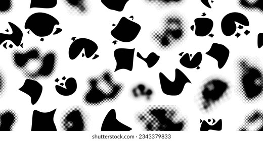 Formas abstractas de grisco distorsionadas. El blob da forma a la textura orgánica de patrón sin costura. Formas fluidas .Grunge texturado. Formas vectoriales líquidas con puntos de semitono .Textura de patrón interminable de impresión de pantalla
