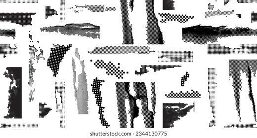 Glitch distorted grungy abstract forms . Halftone dots seamless pattern texture. Grange shapes .Grunge textured . Vector shapes with half tone dots .Screen print endless pattern texture