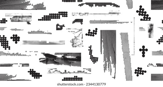 Glitch distorted grungy abstract forms . Halftone dots seamless pattern texture. Grange shapes .Grunge textured . Vector shapes with half tone dots .Screen print endless pattern texture