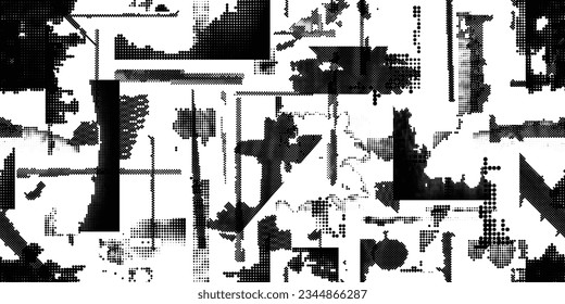 Glitch distorted grungy abstract forms . Halftone dots seamless pattern texture. Grange shapes .Grunge textured . Vector shapes with half tone dots .Screen print endless pattern texture