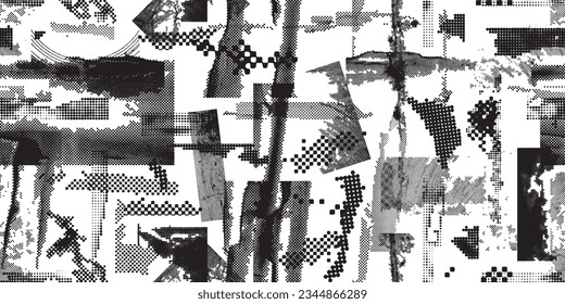 Glitch distorted grungy abstract forms . Halftone dots seamless pattern texture. Grange shapes .Grunge textured . Vector shapes with half tone dots .Screen print endless pattern texture