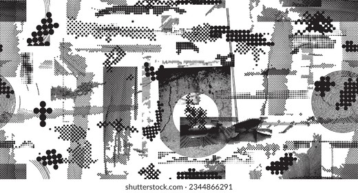 Glitch distorted grungy abstract forms . Halftone dots seamless pattern texture. Grange shapes .Grunge textured . Vector shapes with half tone dots .Screen print endless pattern texture