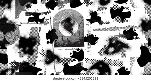 Glitch distorted grungy abstract forms . Blob shape organic seamless pattern texture. Fluid shapes .Grunge textured . Liquid vector shapes with halftone dots .Screen print endless pattern texture