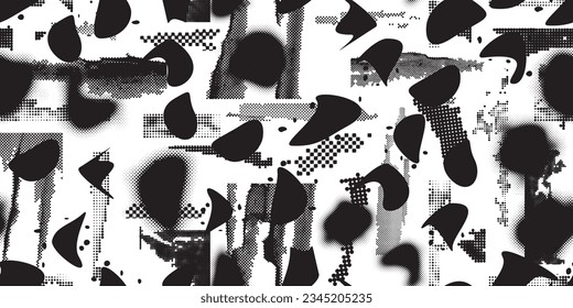 Glitch distorted grungy abstract forms . Blob shape organic seamless pattern texture. Fluid shapes .Grunge textured . Liquid vector shapes with halftone dots .Screen print endless pattern texture