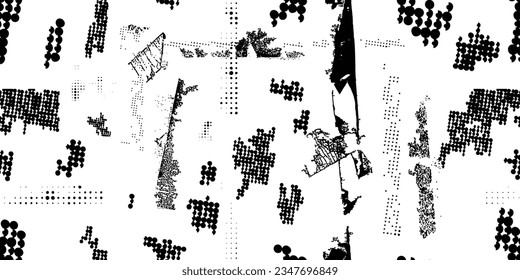Glitch distorted grungy abstract forms . Halftone dots seamless pattern texture. Grange shapes .Grunge textured . Vector shapes with half tone dots .Screen print endless pattern texture
