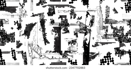 Glitch distorted grungy abstract forms . Halftone dots seamless pattern texture. Grange shapes .Grunge textured . Vector shapes with half tone dots .Screen print endless pattern texture