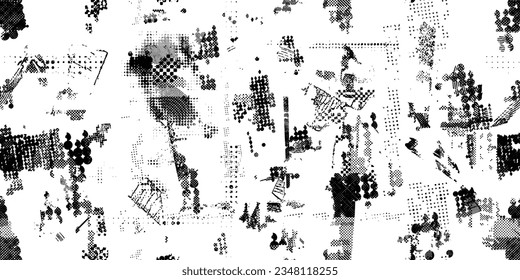 Glitch distorted grungy abstract forms . Halftone dots seamless pattern texture. Grange shapes .Grunge textured . Vector shapes with half tone dots .Screen print endless pattern texture