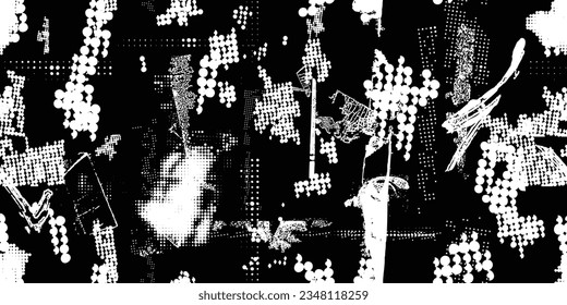 Glitch distorted grungy abstract forms . Halftone dots seamless pattern texture. Grange shapes .Grunge textured . Vector shapes with half tone dots .Screen print endless pattern texture