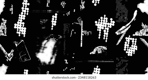 Glitch distorted grungy abstract forms . Halftone dots seamless pattern texture. Grange shapes .Grunge textured . Vector shapes with half tone dots .Screen print endless pattern texture