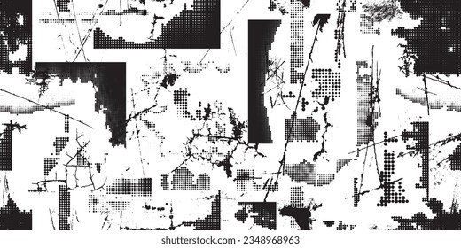 Glitch distorted grungy abstract forms . Halftone dots seamless pattern texture. Grange shapes .Grunge textured . Vector shapes with half tone dots .Screen print endless pattern texture