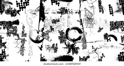 Formas abstractas de grisco distorsionadas. Los puntos de semitono tienen una textura de patrón sin fisuras. Formas negras. Grunge texturado. Formas vectoriales con puntos de medio tono .Imprimir pantalla textura de patrón interminable